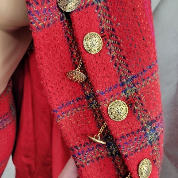 Ellen Tracy Red Plaid Blazer Double Breasted Gold Buttons Skirt Suit Set Tweed - Picture 5 of 16